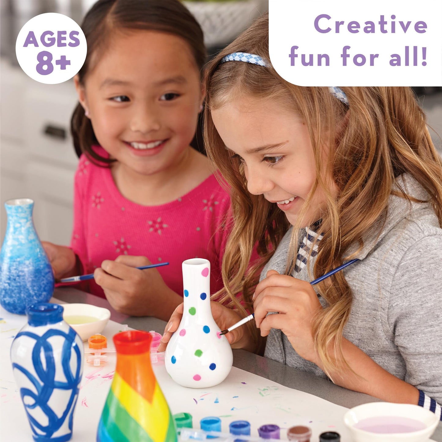 MindWare Paint Your Own Vases Craft Kit - 16 Piece Set, 3 Porcelain Vases, 12 Paint Colors, Multicolor