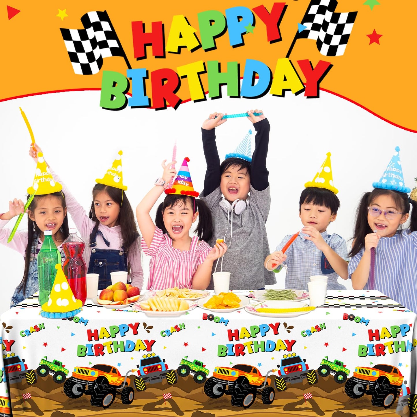 Dydamud Monster Truck Tablecloth,Monster Machine Birthday Party Supplies 3 Pcs Disposable Machine Truck Table Cover Checkered Ta