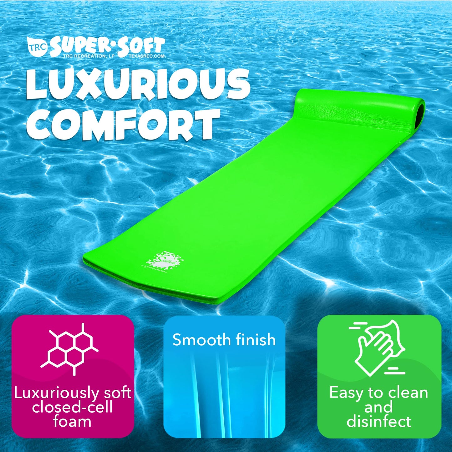 TRC Recreation Splash 1.25 Inch Thick Foam Swimming Pool Float Mat Large mature-themed Lounger with Built-in Roll Pillow  Fierce Green