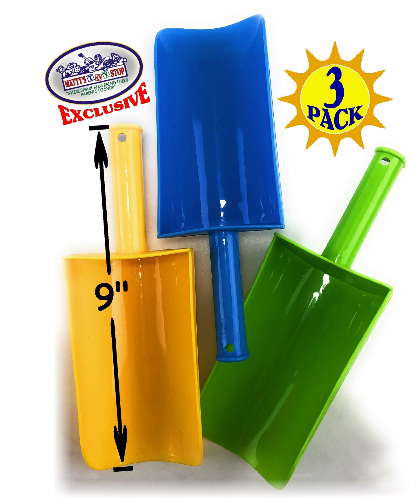 Matty's Toy Stop 9'' Kids Short Handle Sand Scoop Plastic Shovels for Sand & Beach (Yellow, Blue & Green) Gift Set Bundle - 3 Pa