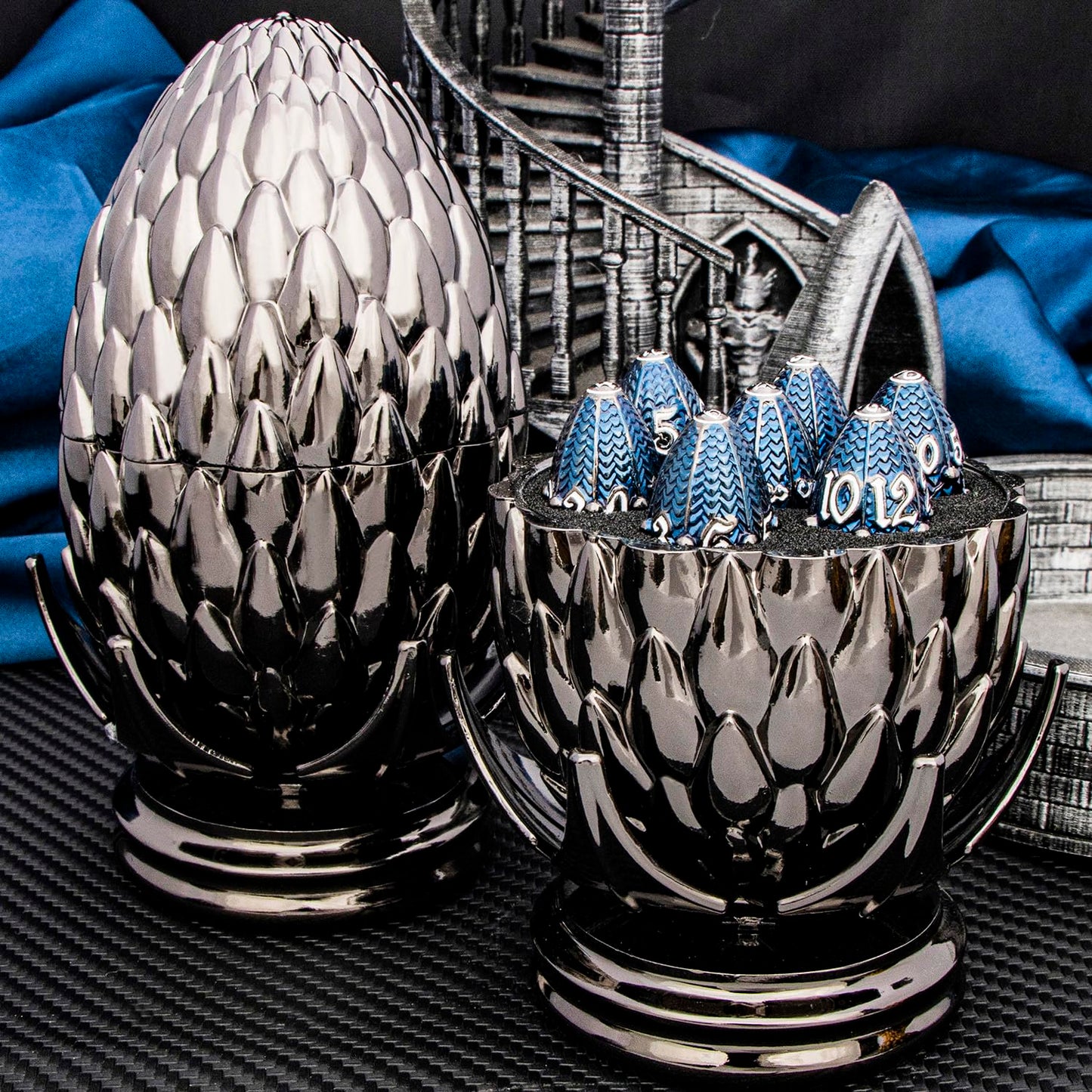 ARUOHHA DND Metal Dice Black Blue Dragon Egg Dice with Rotating Dragon Egg Shell, Dungeons and Dragons Role Playing Game RPG D&D