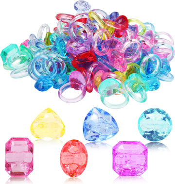 100 Pcs Gem Rings Toys for Kids, Bulk Toys Diamond Ring Party Favors for Boys Girls Toddlers, Colorful Princess Ring Dress Up Ac