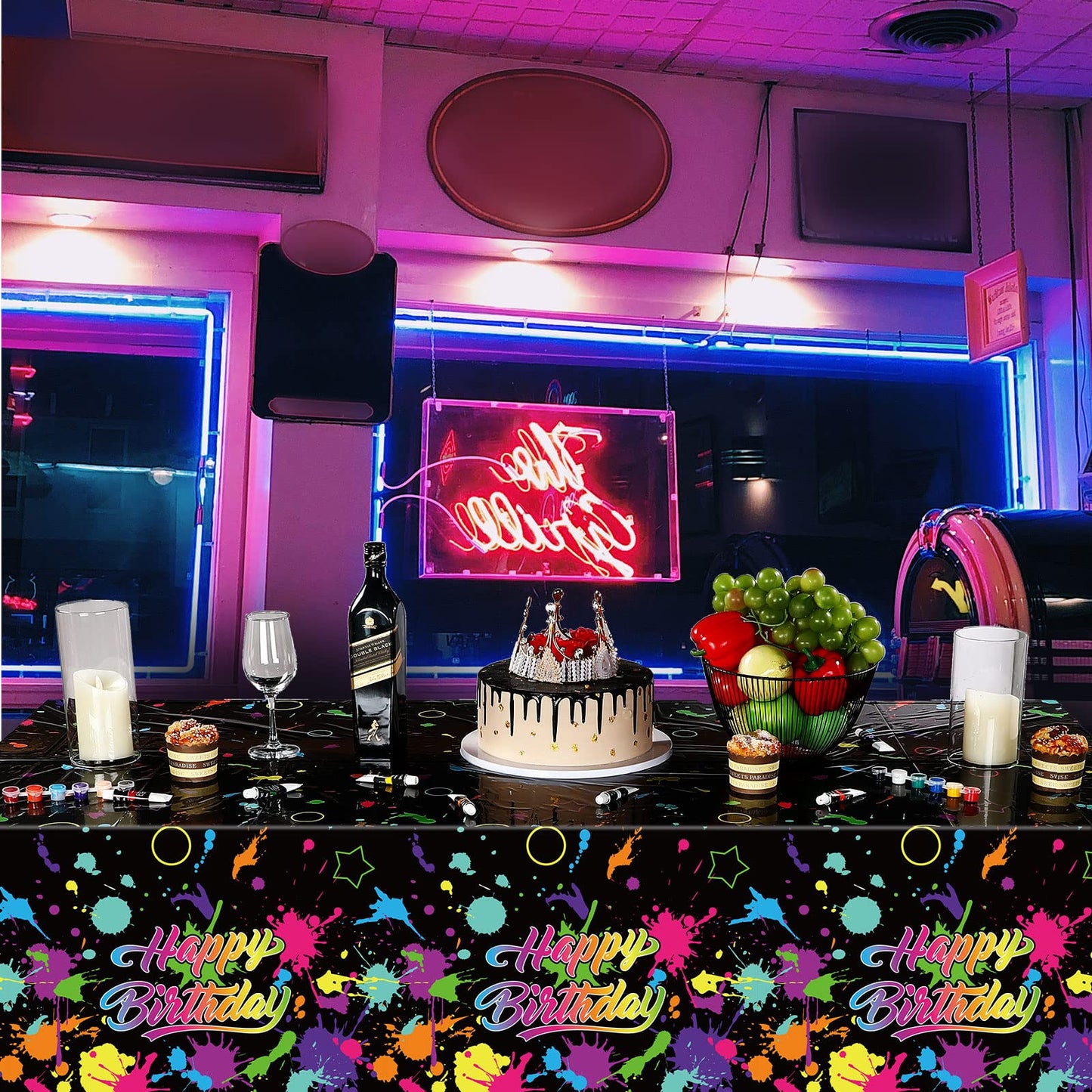 Neon Glow in The Dark Birthday Party Tablecloth Paint Splatter Graffiti Happy Birthday Table Covers Plastic Black Light Table Cl