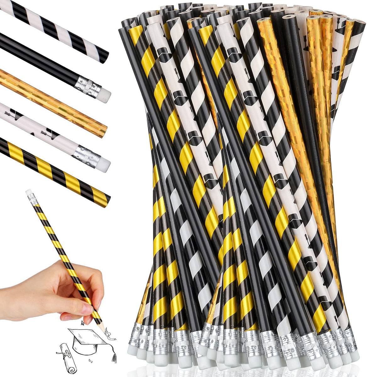 Graduation Pencils 2023 Assorted Kids Pencils Classic Novelty Graduation Hat Striped Pencils With Eraser End School Year Student