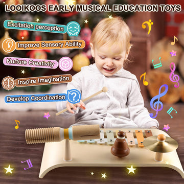 Looikoos Kids Drum Set Toddler Musical Instruments Set Wooden Percussion Instrument Xylophone For Kids Montessori Toys Preschool Educational Musical Toys