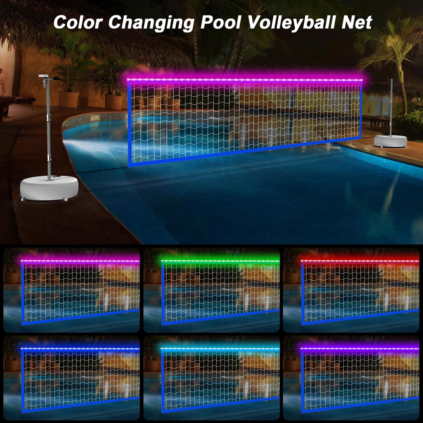 Pool Volleyball Net Set With Solar Colorful Lights, Portable Outdoor Led Light Up Volleyball Net For Pool 15Ft-32Ft Adjustable L