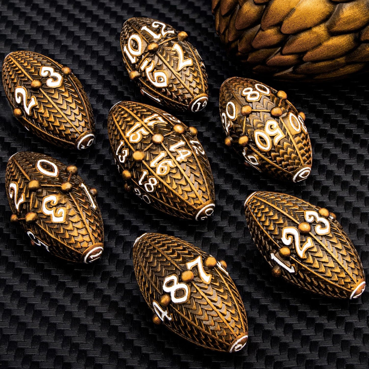 ARUOHHA DND Metal Dice Antique Gold Dragon Egg Dice with Metal Box, Role Playing Game RPG Polyhedral D and D Dice Set D20 D12 D1