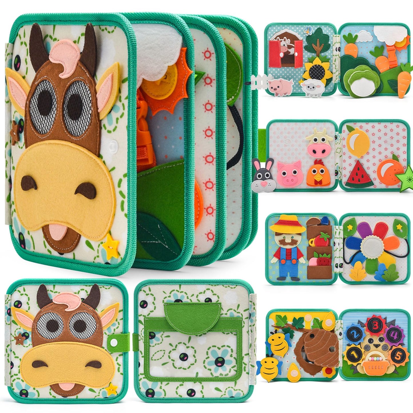 Montessori Busy Book for Toddlers 1-3  Felt Quiet Book & Busy Board for Preschool Learning  Fine Motor Skills & Sensory Play  Educational Travel Toy and Gift for Kids - Farm Animals Theme  Green