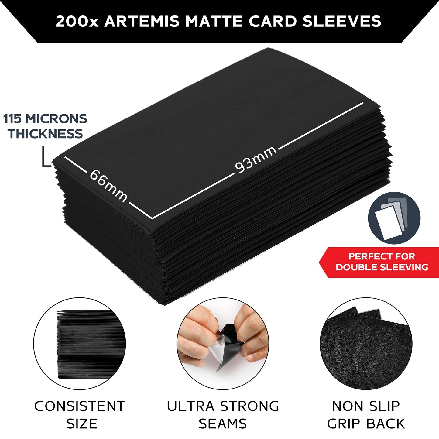 Quiver Time 200 Artemis Standard Size Black Card Sleeves fits Magic: The Gathering Cards - Single Matte TCG Card Protectors Deck Sleeves for Cards for Double Sleeving (66x93mm)