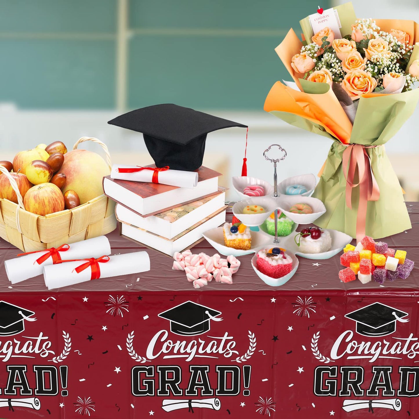 Graduation Decorations 2025 - 3 PCS Maroon Graduation Tablecloths,Plastic Disposable Smoked Red Congrats Grad Table Cover for Co