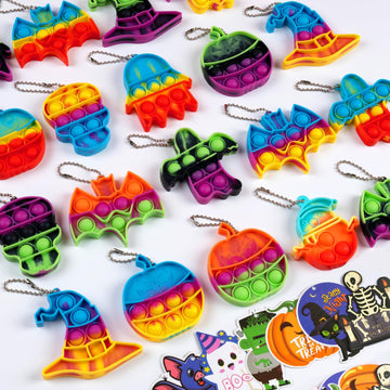 Amuhua Halloween Party Favors For Kids - 24Pcs Halloween Mini Push Pop Keychain Fidget Toys Ghost Pumpkin Witch Hat With Tags Fo