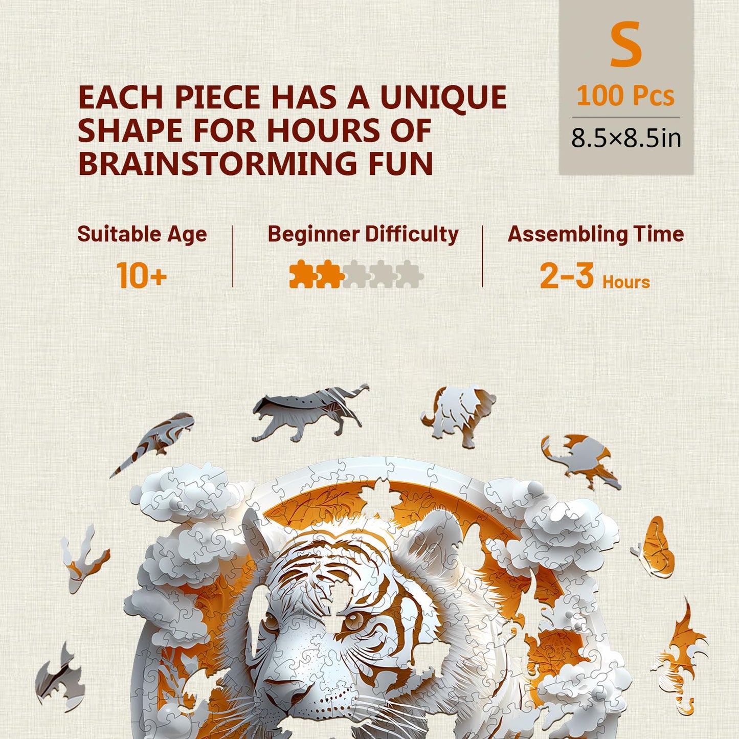 Wooden Puzzles for mature-themeds  3D Visual Effect Paper Tiger Puzzle  Wood Puzzles mature-themed  Unique Animal Shape  Paper Sculpture Modern Art Puzzle  Gifts for Friend  Canvas Wall Art (S-8.5 * 8.5in-100 pcs)