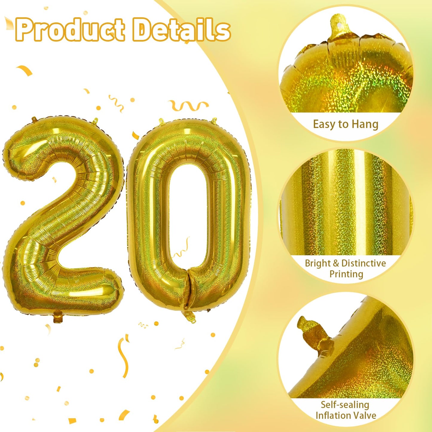 40 Inch Laser Gold 20 Balloons, Xxl Globos Dorados Self Inflating Number 20 Mylar Balloon For Women 20Th Birthday Party Decor, F