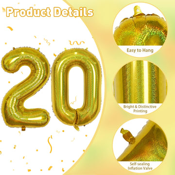 40 Inch Laser Gold 20 Balloons, Xxl Globos Dorados Self Inflating Number 20 Mylar Balloon For Women 20Th Birthday Party Decor, F