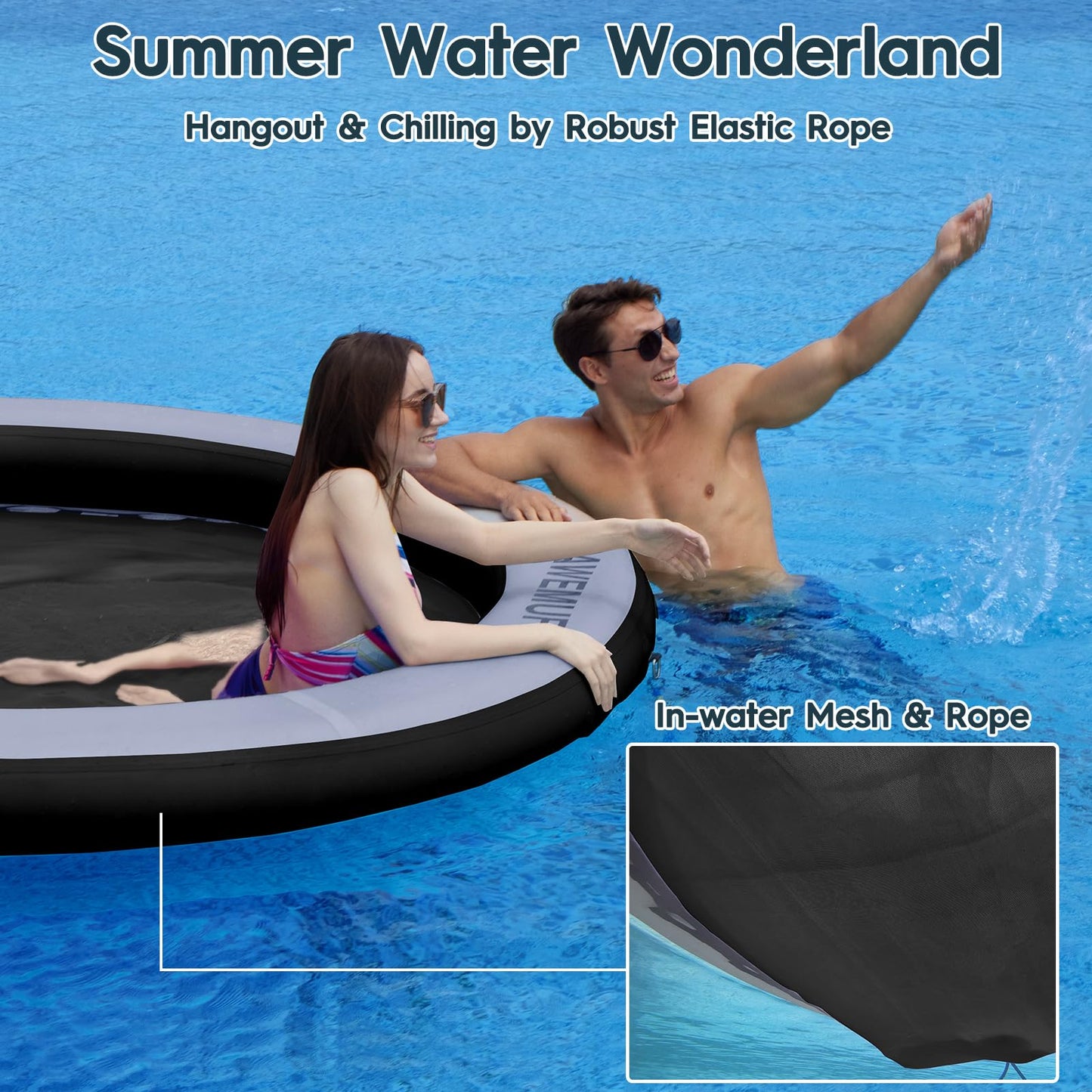 AWEMUFA 8ft Water Hammock - Black PVC Inflatable Float Ring for Pool & Lake, Heavy Duty Mesh Circle Mat for Summer Parties