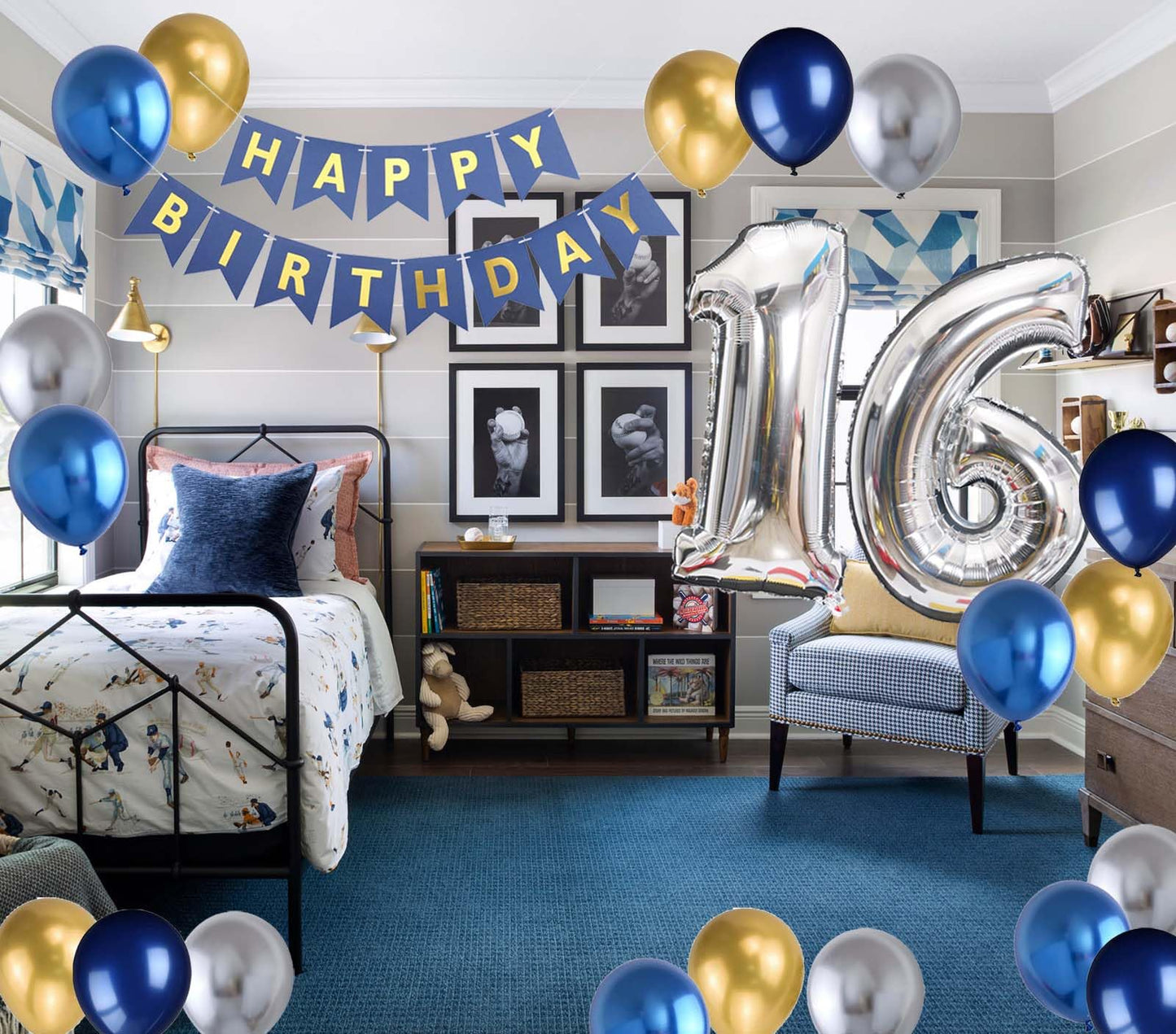 16Th Birthday Party Decoration For Boys, Happy Birthday Banner Blue Number 16 Balloons Metallic Silver Blue Gold Latex Balloon F