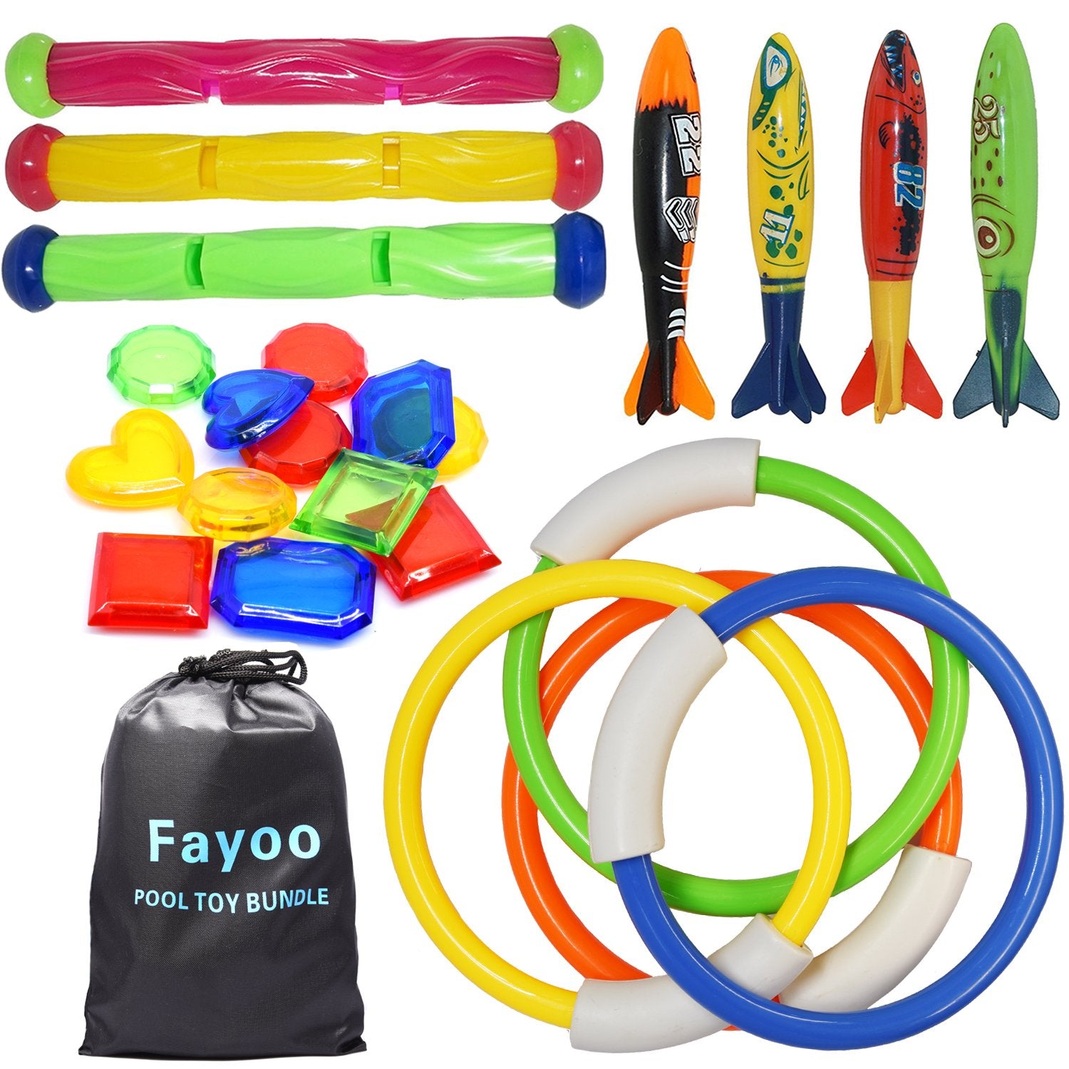 Fayoo 23 Pack Underwater Swimming/Diving Pool Toys Diving Rings(4 Pcs), Toypedo Bandits(4 Pcs), Diving Sticks(3 Pcs) With Under Water Treasures (12 Pcs) Gift Set Bundle