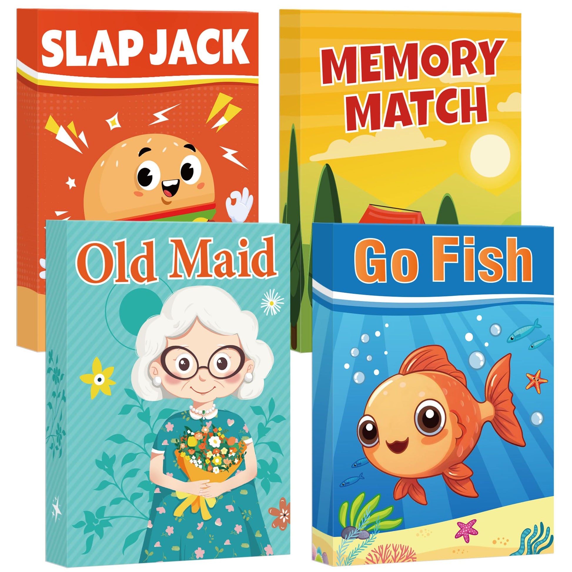 Etyishe Card Games For Kids Toddlers,Go Fish,Old Maid,Slap Jack And Memory Match,4 Decks In 1 Pack,Fun Educational Gard Games Fo