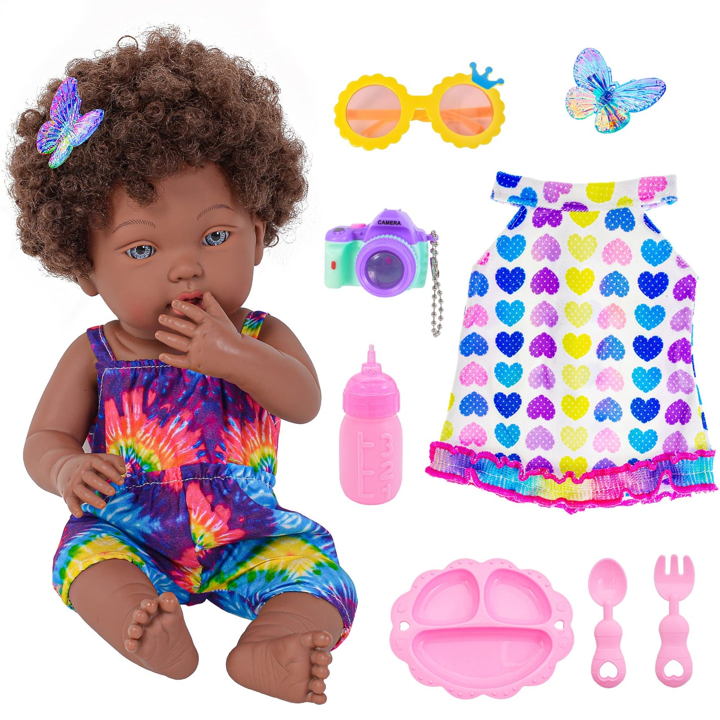 Dollbie 14 Inch Reborn Baby Dolls Black African American Baby Doll With Hair Doll & Accessories (1 Doll+2 Sets Clothes+7 Pcs Acc