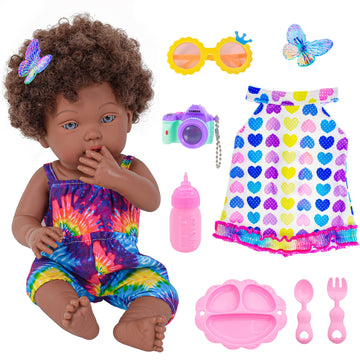 Dollbie 14 Inch Reborn Baby Dolls Black African American Baby Doll With Hair Doll & Accessories (1 Doll+2 Sets Clothes+7 Pcs Acc