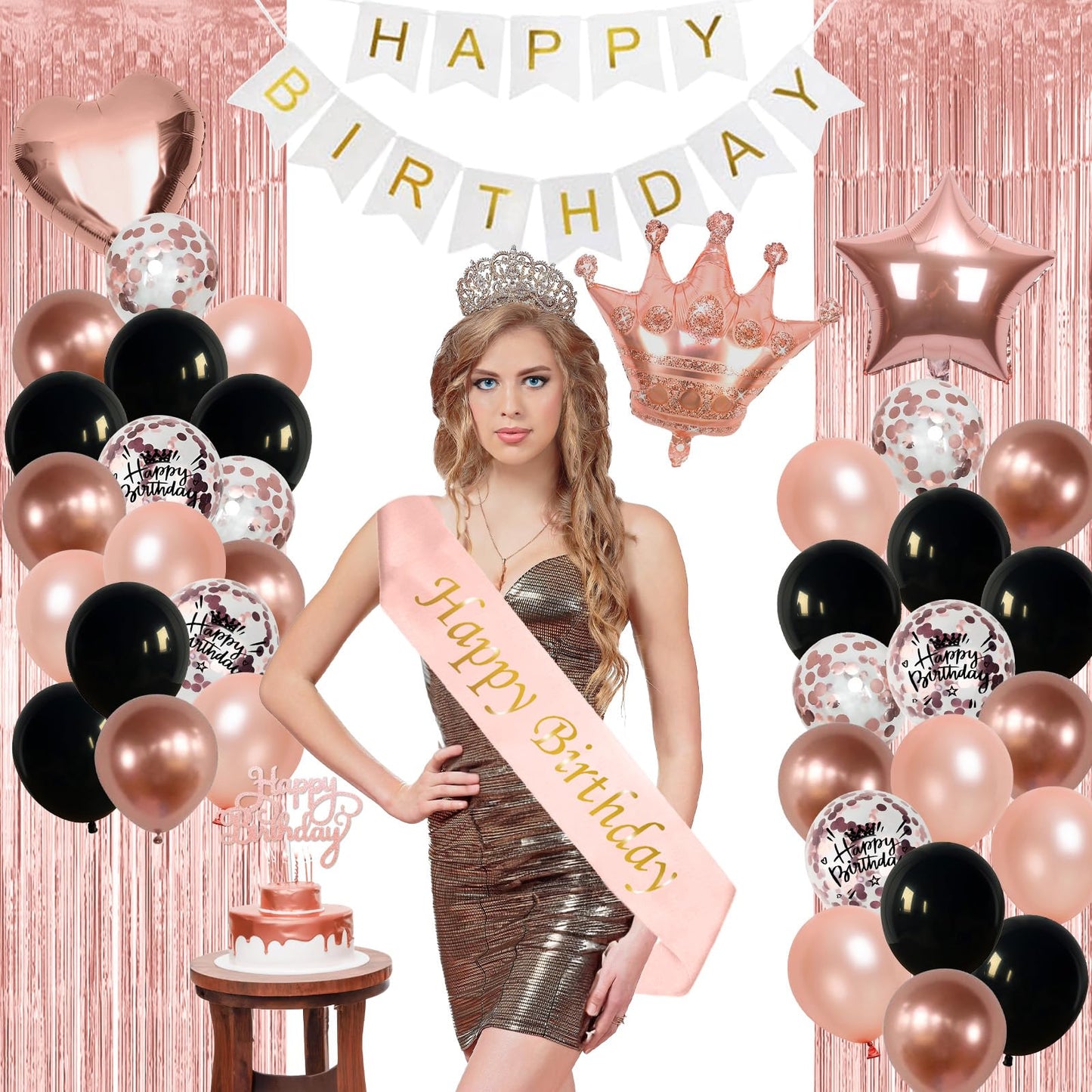Rose Gold Birthday Decorations For Women Black Rose Gold Balloons Birthday Party Decoration Rosegold Happy Bithday Banner Sash C