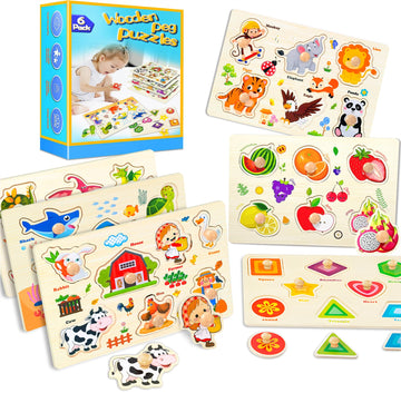 Wooden Peg Puzzles For Toddlers,Montessori Toddler Puzzles For Child,Fine Motor Skill Learning Puzzles Toys For Baby Boys Girls Gifts-6 Pcs Shape,Farm,Sea Animal,Dinosaurs,Fruits,Animals