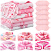 18 Pcs Sleepover Party Supplies for Girls, 6 Different Style Pink Bow Blanket 6 Coral Fleece Bow Spa Headband 6 Plush Pink Eye M