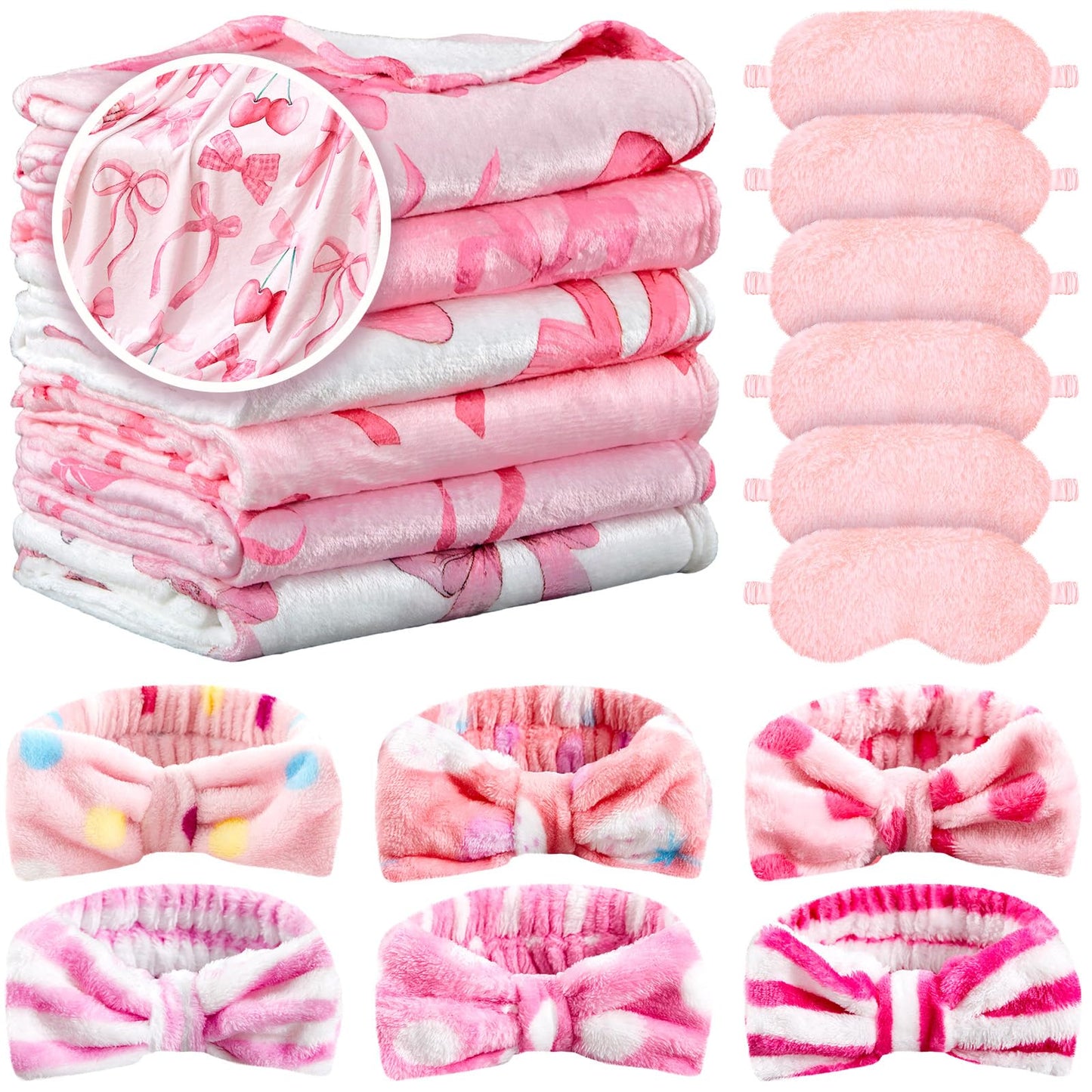 18 Pcs Sleepover Party Supplies for Girls, 6 Different Style Pink Bow Blanket 6 Coral Fleece Bow Spa Headband 6 Plush Pink Eye M