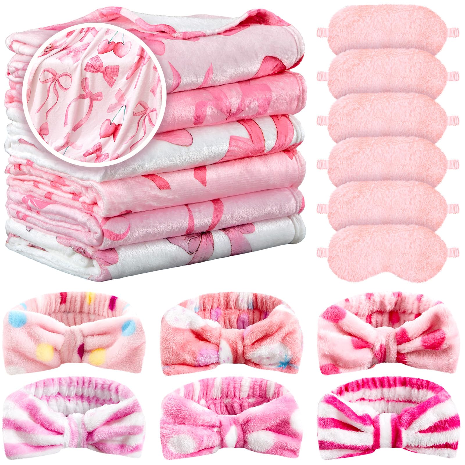 18 Pcs Sleepover Party Supplies for Girls, 6 Different Style Pink Bow Blanket 6 Coral Fleece Bow Spa Headband 6 Plush Pink Eye M
