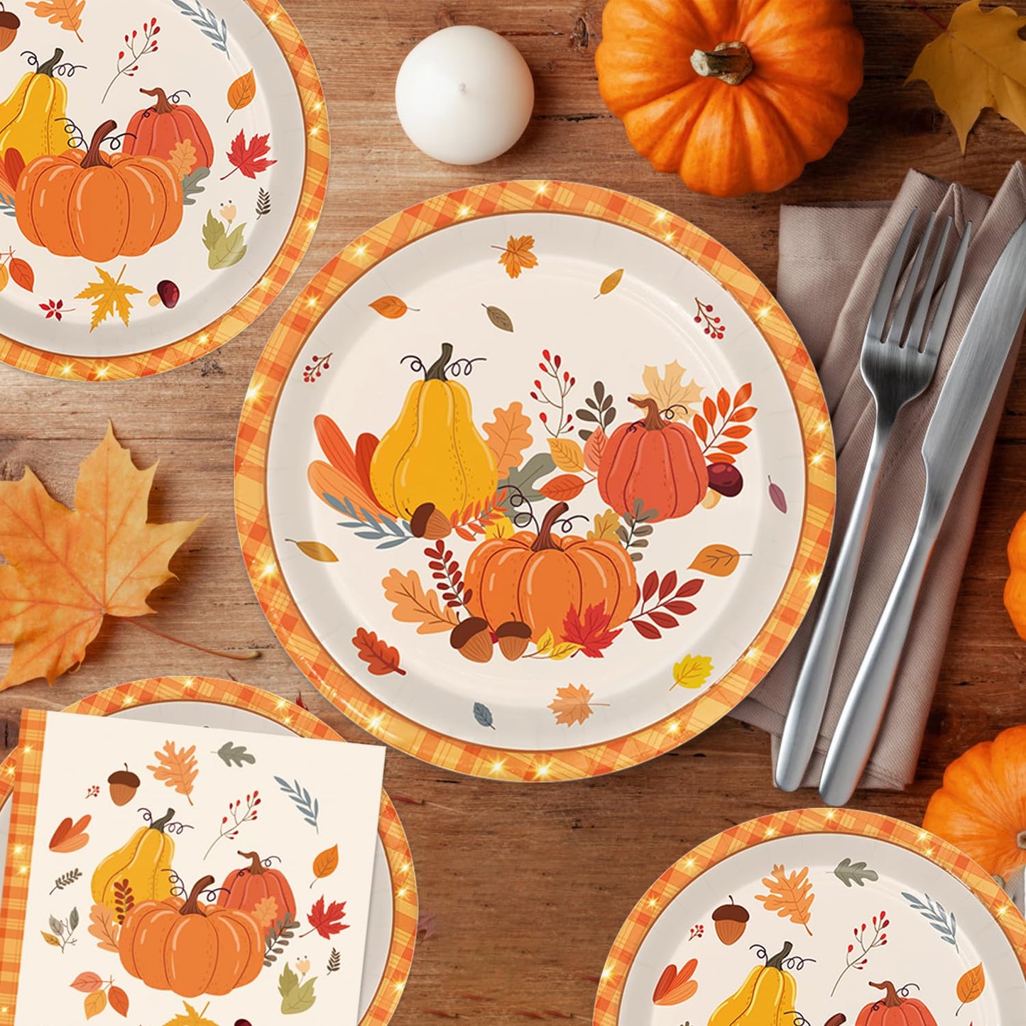 LINHAXM 168 PCS Thanksgiving Fall Party Supplies Autumn Pumpkin Tableware Set Includes Paper Plates, Napkins, Cups, Cutlery for
