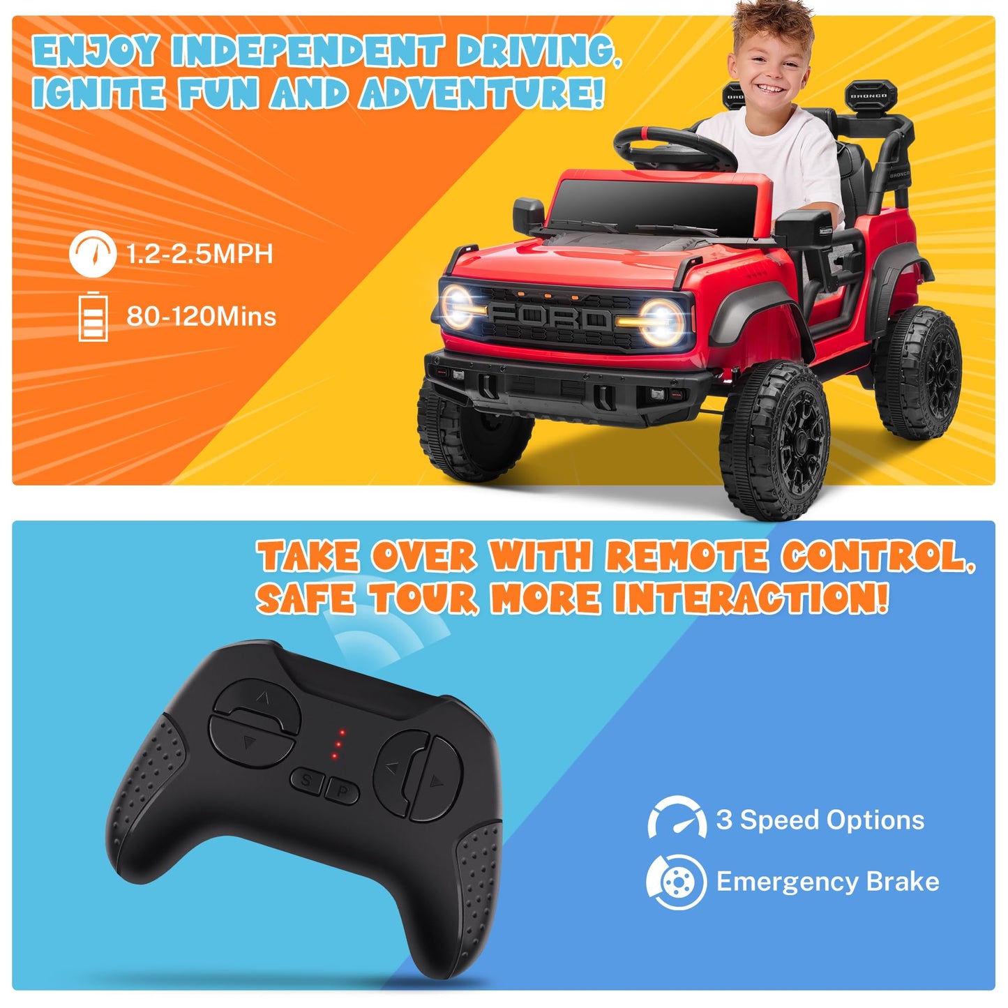 Enyopro 12V Kids Ride On Car With Remote Mode, Licensed Ford Bronco Raptor Electric Car For Toddlers, Battery Powered Ride On To