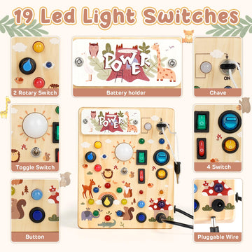 Joyreal Wooden Busy Board with LED Lights, Montessori Sensory Toy for Toddlers, Fidget Board for Fine Motor Skills, Forest Theme
