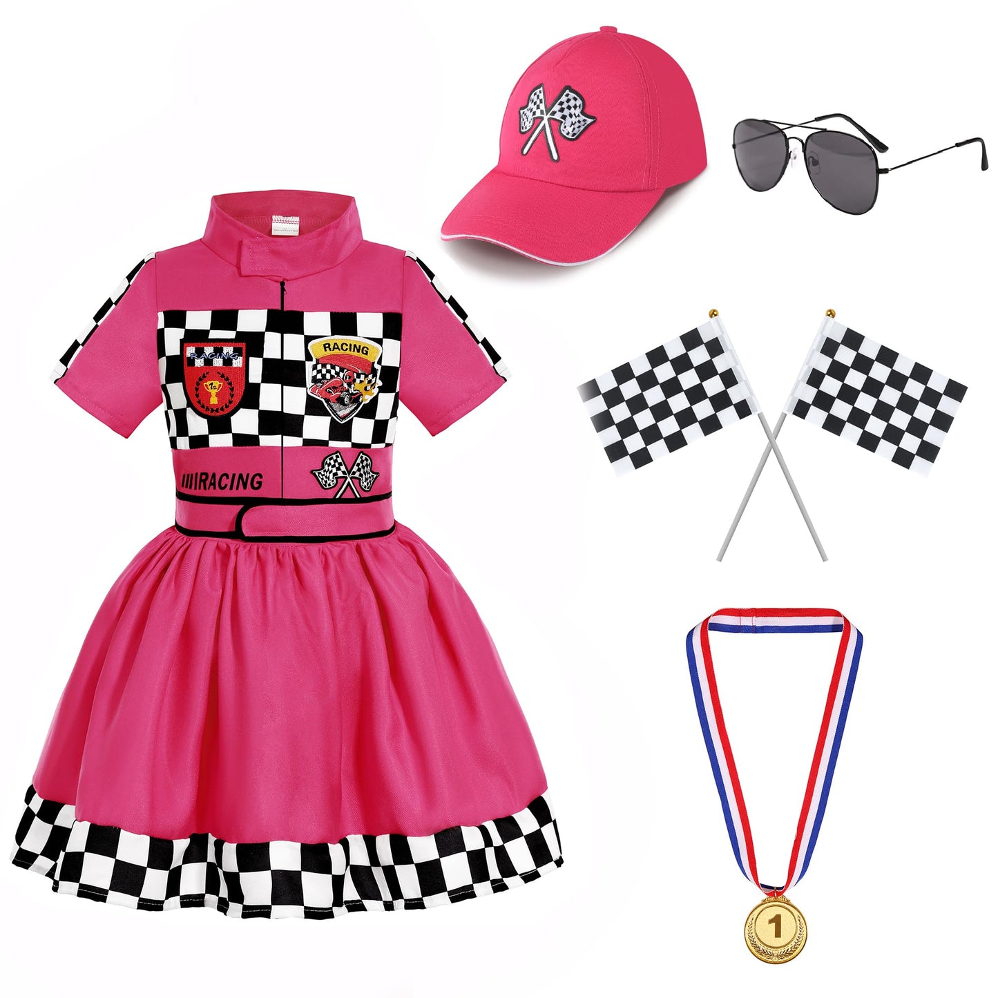 Gortykor Girls Race Car Driver Costume Racer Dress Costume For Girls Halloween Racer Cosplay Dress Up (7-8 Years)