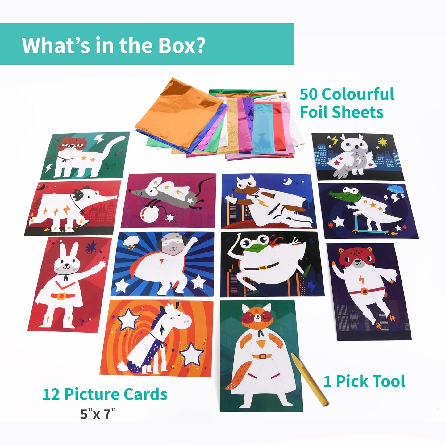 Chalk And Chuckles Paper Art And Craft Kit; Fabulous Foil Art; Gift For Boys; Girls Age 4-9 Year Old; Create 12 Superhero Animal
