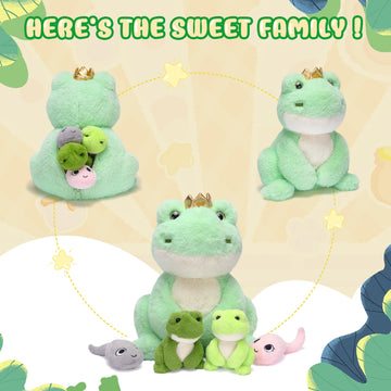 Ikasa Mommy Frog Stuffed Animal Mom And Baby Plush Toy, Cute 14'' Soft Small Mama Family Set Cuddly Toy With Little Mini Babies,