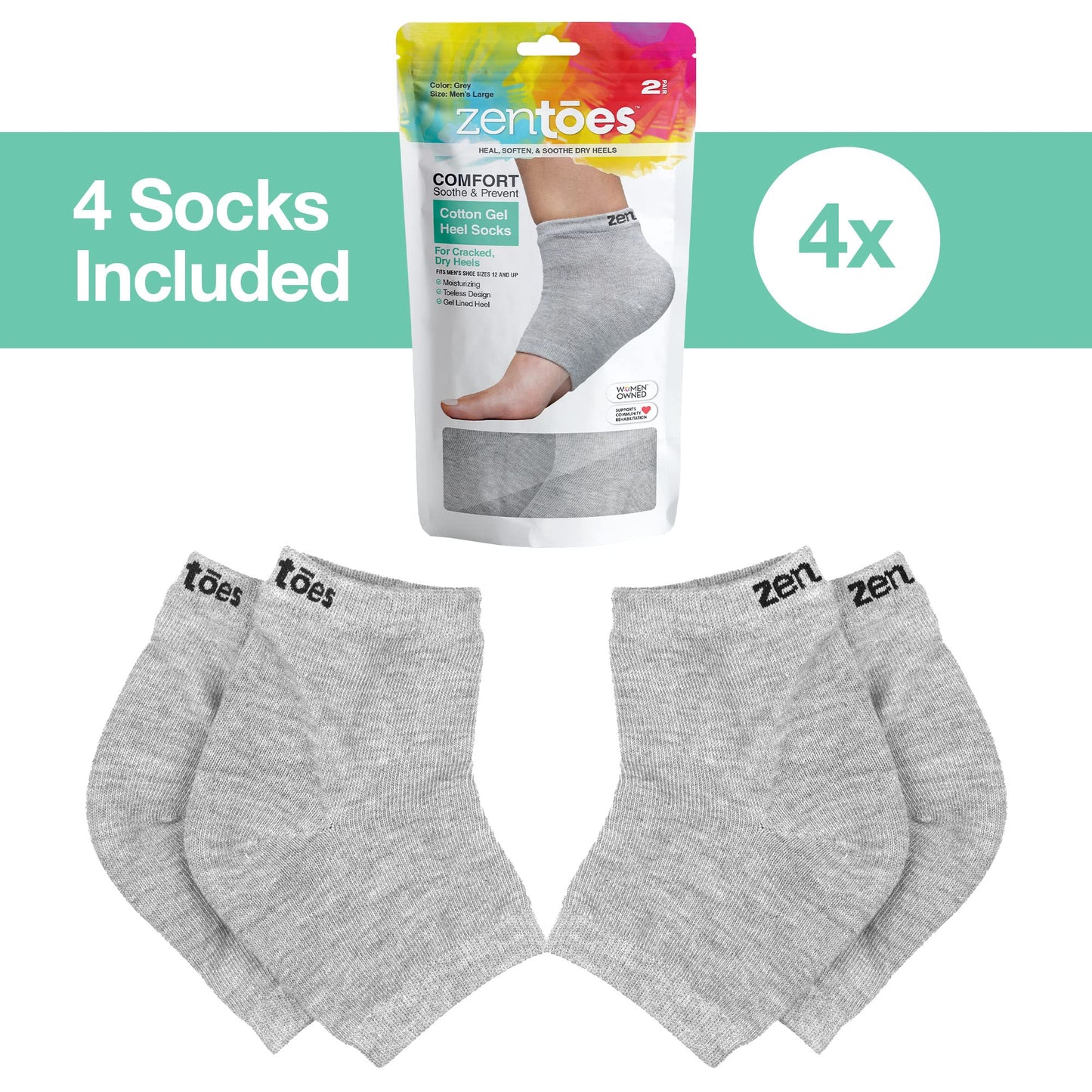 Zentoes Moisturizing Heel Socks 2 Pairs Gel Lined Toeless Spa Socks To Heal And Treat Dry, Cracked Heels While You Sleep (Mens L