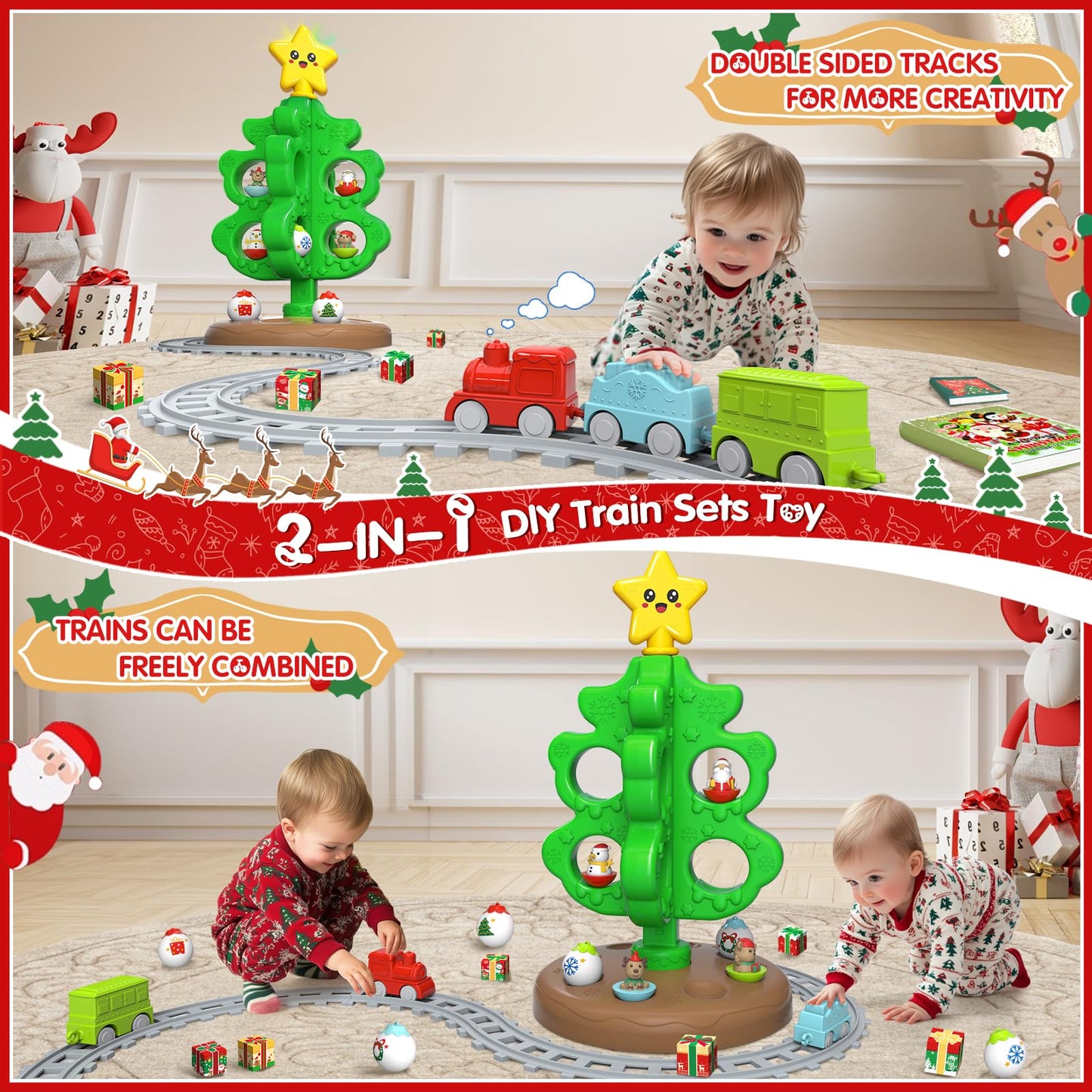 maysida Baby First Mini Christmas Tree for Kids, Learning Toys Colorful Plastic Finger Puppets Snowman/Elk/Santa Tumblers for To