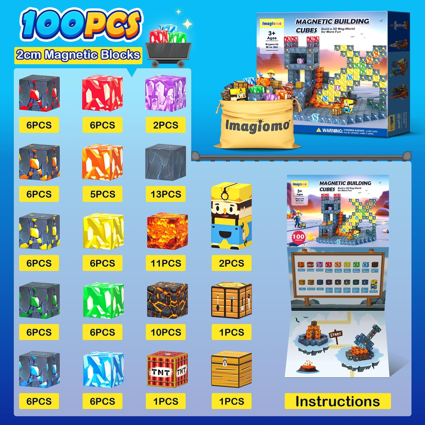100PCS Magnetic Blocks - Build Mine Magnet World Mine decorative replica blade Adventure Set  Building Toys Classroom Must Haves Learning Sensory Toys for 3 4 5 6 7 8 Toddlers Kids Games Birthday Gifts for Boys & Girls