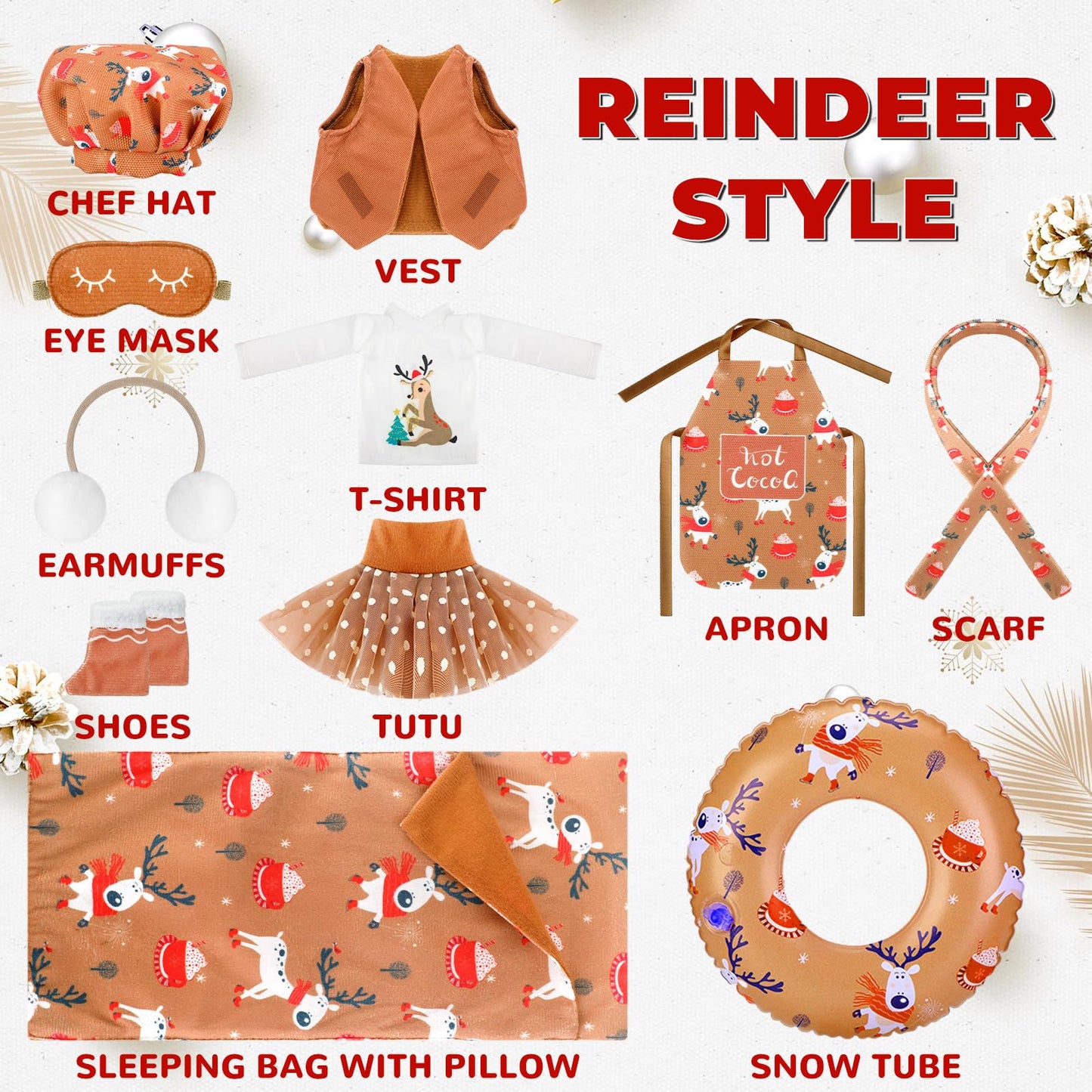 11 Pcs Christmas Elf Accessories Include Brown Elf Doll Sleeping Bag Apron Chef Hat Ear Muffs Scarf Top Shorts Vest Ski Ring Eye