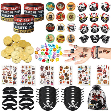 Harrycle 144 Pcs Pirate Party Favors Supplies Include Pirate Bracelet Nautical Tattoo Button Pin Eye Patch Gold Coin Gem Ring Mu