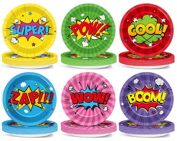 CHUNNIN 60Pcs Super Theme Hero Party Paper Plates for Super Theme Decorations Hero 7In Dessert Heroes Plates Colorful Disposable