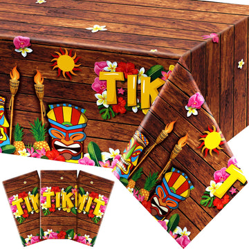 Frienda Tiki Tablecloth Tiki Decorations Luau Table Cover Hawaiian Party Plastic Table Cloth Disposable Tiki Totem Decor For Hawaii Beach Tropical Decoration Supplies Aloha (Retro Style, 3 Pieces)