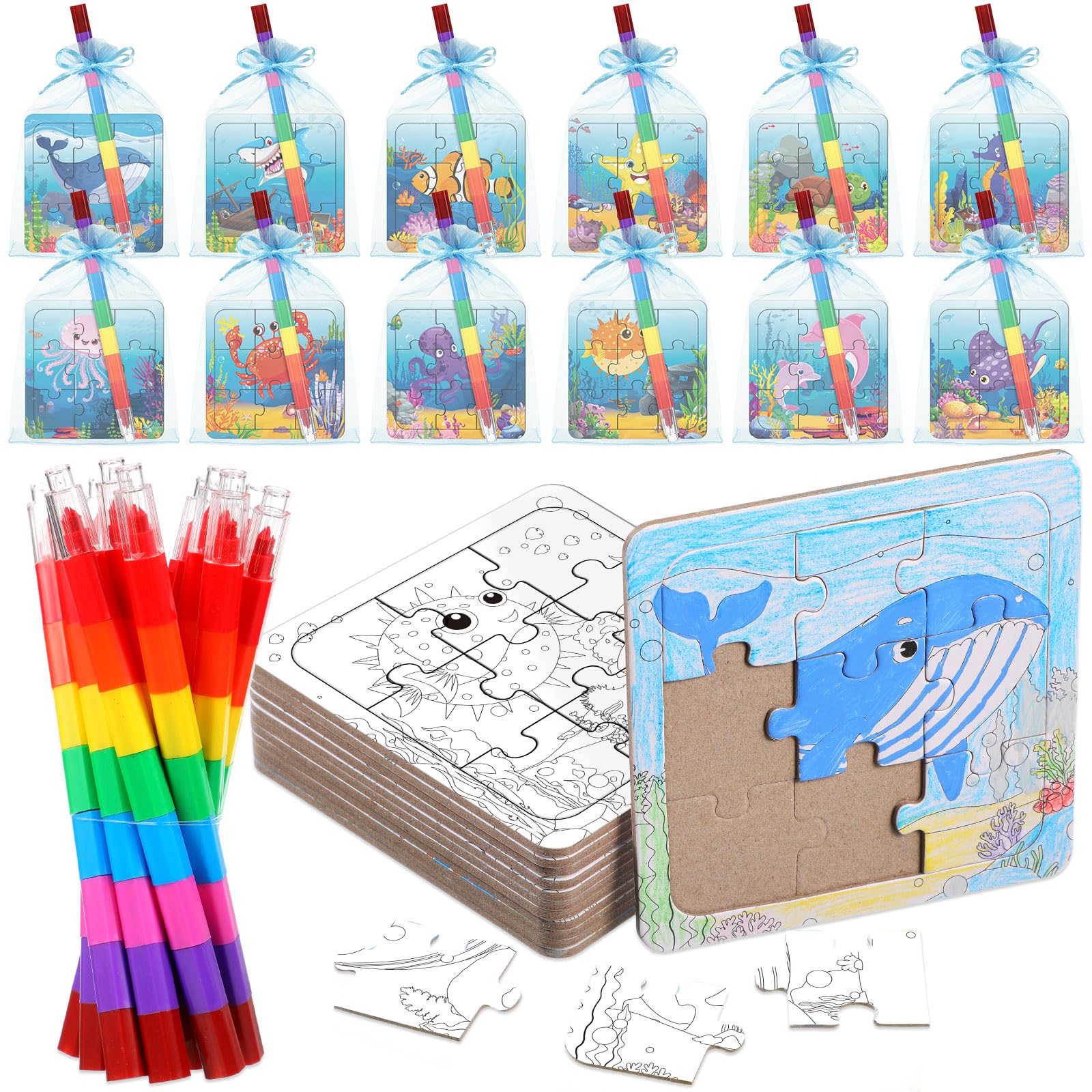 Fullhawl 12 Sets Sea Animal Puzzles Summer Color Your Own Puzzles DIY Ocean Jigsaw Crafts with 12 Stackable Crayons and 12 Bags for Ocean Theme Gifts Birthday Party Supplies(12  Sea)