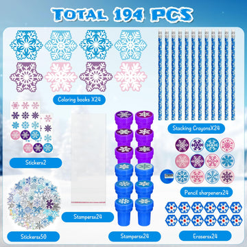 Cinrobiye 194 Pcs Snowflake Winter Frozen Party Favors Christmas Classrooms Exchange School Stationery Set Class Reward Prizes N