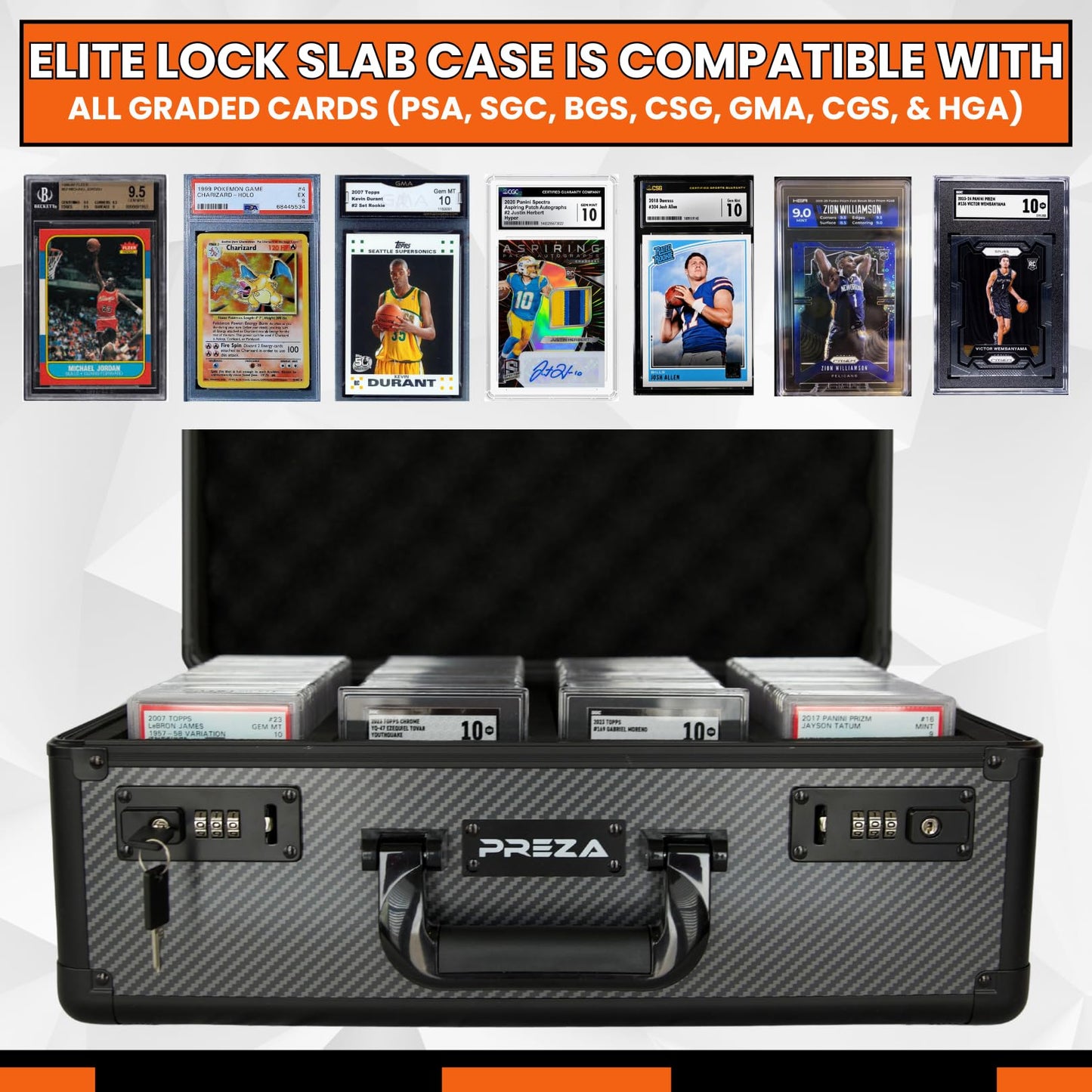 PREZA Graded Card Case - Slab Case for Graded Slabs - enhanced Trading Card Storage Box with Upgraded Combination and Key Lock (X-Large)