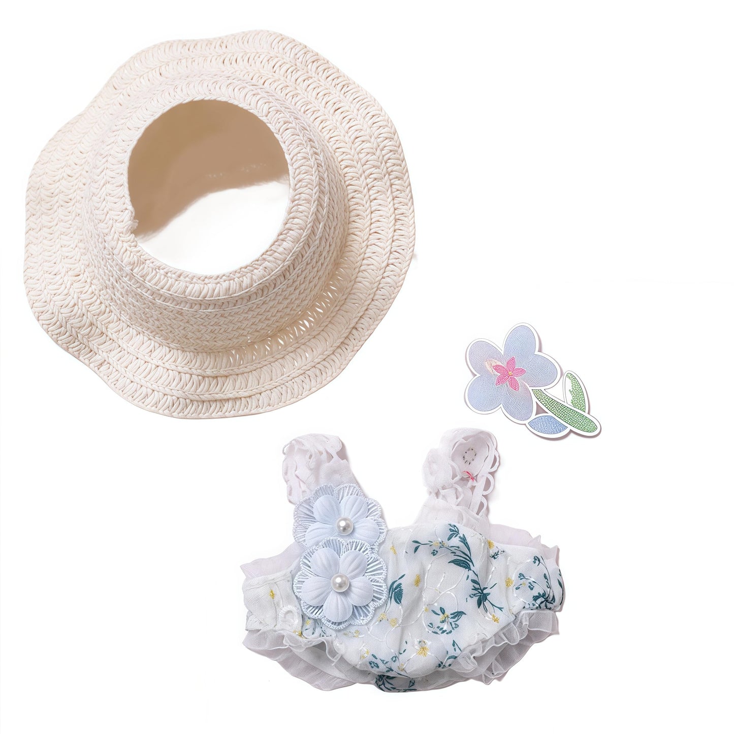 Designer Clothes for 17cm Dolls  enhanced Doll Swimsuit  Cute Doll Summer Outfits Accessories with Blue Floral One-Piece Swimsuit  Flower Hair Decor and Straw Hat