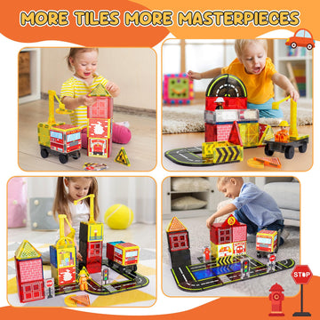 Magnetic Tiles Road Set with Fire Trucks & 2 Dolls  Double-Sided Magnet Tiles with 2 Cranes  Toys for Boys Ages 3-5 5-7  STEM Learning Construction Toys Include Car  Stations  Signs  Gifts for Kids 3+