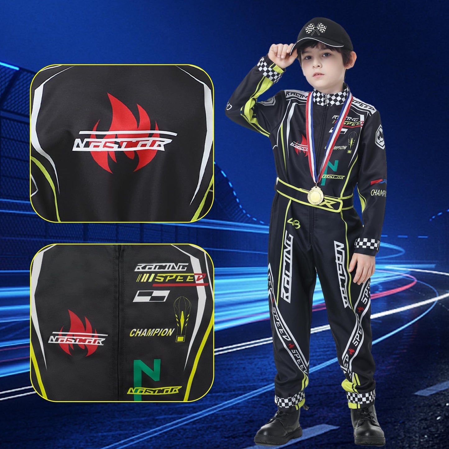 Treyrea Race Car Driver Costume Boys Racer Jumpsuit With Car Cap Kids Dress Up For Halloween (Black, M(For Height 50''-53''))