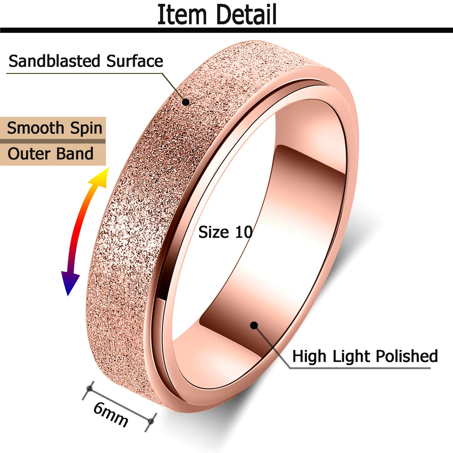 Anxiety Ring For Women Fidget Spinner Ring Fidget Toys Adults Titanium Stainless Steel Thumb Ring 6Mm Wide Rose Gold Size 6