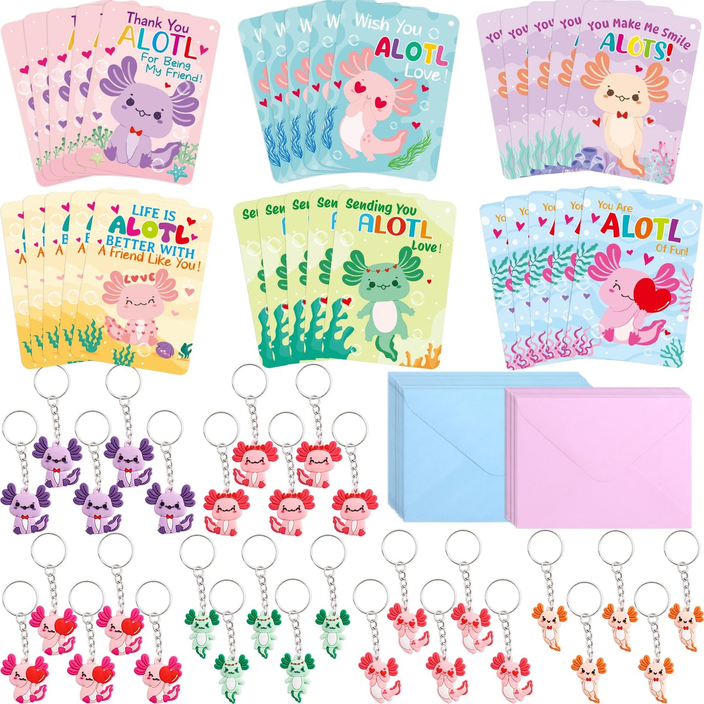 Fancy Land 30 Pack Valentines Cards Classroom Kids Axolotl Valentines Day Cards with Keychains Valentine Gift Set Exchange Boys 